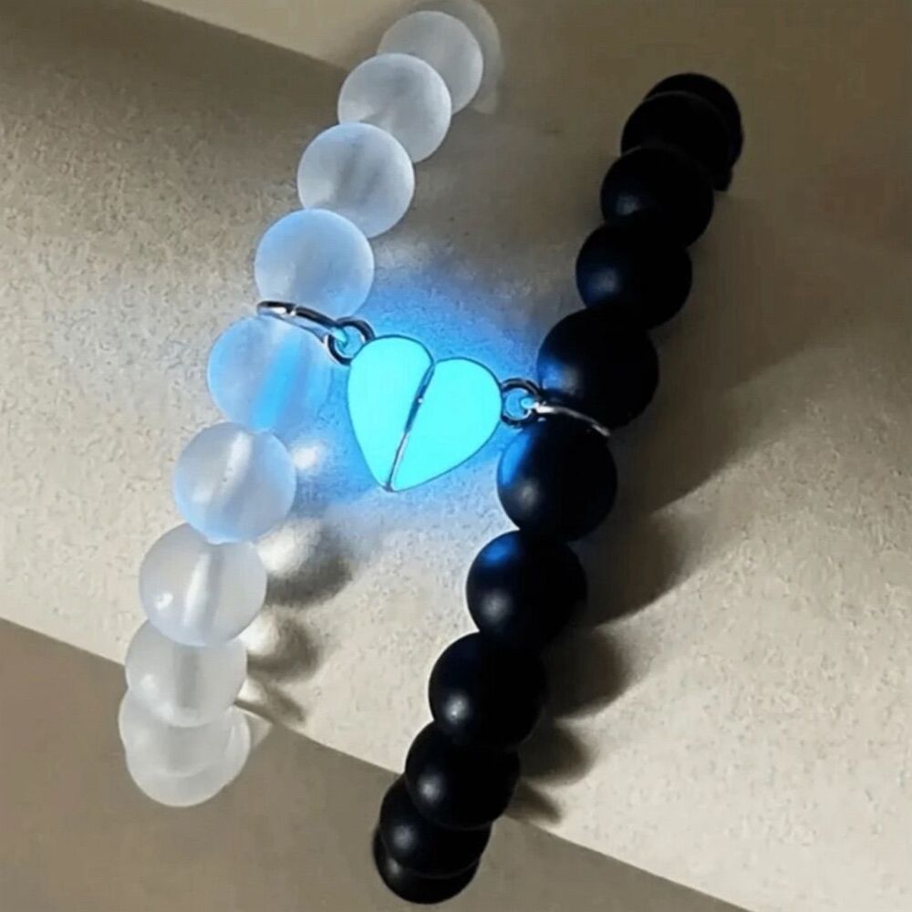 Beaded Magnetic Heart Couple Bracelets Glow-in-the-Dark Set - Picture 3 of 4